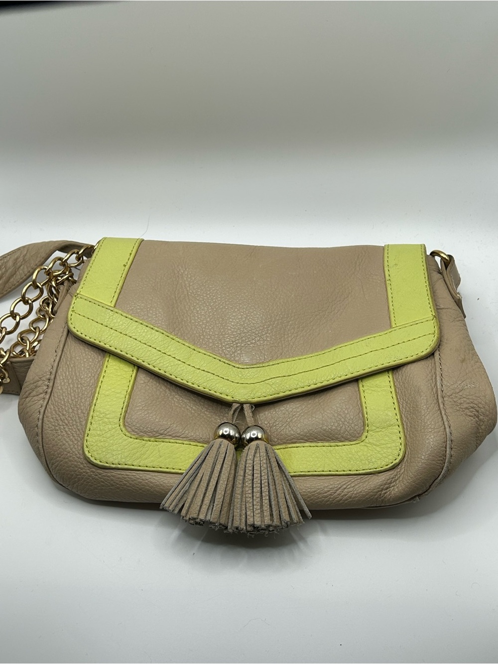 Audrey Brooke ran and lime green leather tassel crossbody